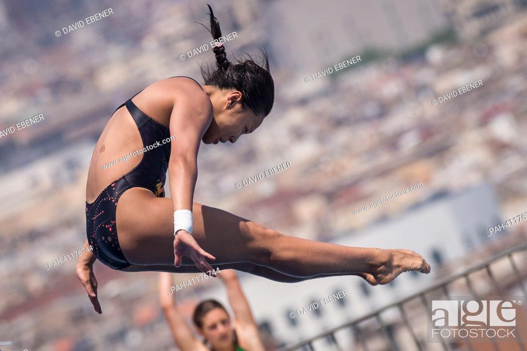 Stock Photo: Han Wang of China in action during the women's 1m Springboard diving preliminaries of the 15th FINA Swimming World Championships at Montjuic Municipal Pool in.