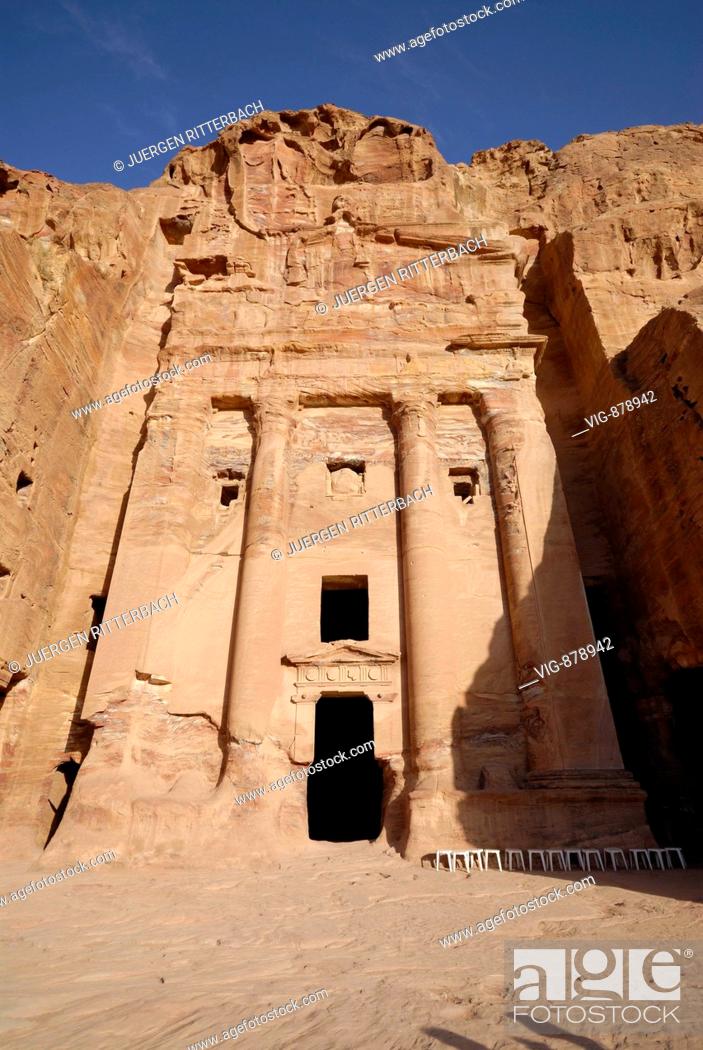 Stock Photo: Urn Tomb, tomb of funeral urns, The Royal Tombs carved out of the west face of al Khubtha mountain, Nabataean ancient town Petra, Jordan, Arabia - PETRA.