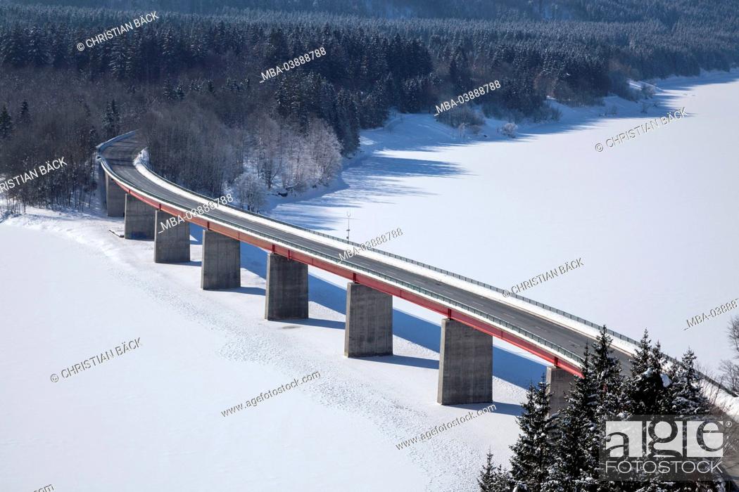 Stock Photo: Bridge over Sylvenstein Dam in winter, Fall village near Lenggries, Upper Bavaria, Bavaria, Germany.