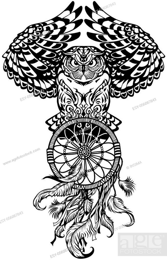 flying owl with american native indians dreamcatcher. Black and white tattoo  style vector..., Stock Vector, Vector And Low Budget Royalty Free Image.  Pic. ESY-056087843 | agefotostock