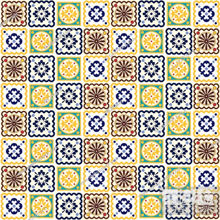 Vector: Graphic design containing a pattern of assorted tiles similar to portuguese azulejo murals.