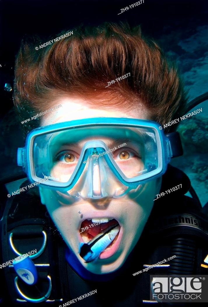 Stock Photo: Young diver having mouth cleaned by cleanerfish, Sabre-toothed blenny Aspidontus taeniatus, Red Sea, Egypt, Africa.