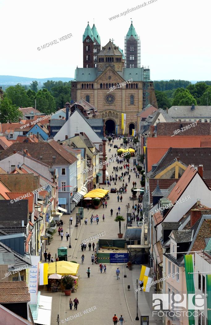 Stock Photo: View across Maximilianstrasse street, Via Triumphalis street, western facade, Speyer Cathedral, Imperial Cathedral Basilica, a UNESCO World Heritage Site.