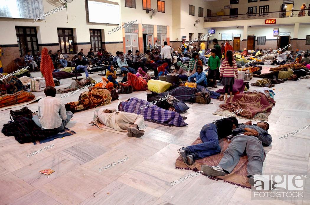 People Sleeping On Floor Of Railway Station Rajasthan India Asia