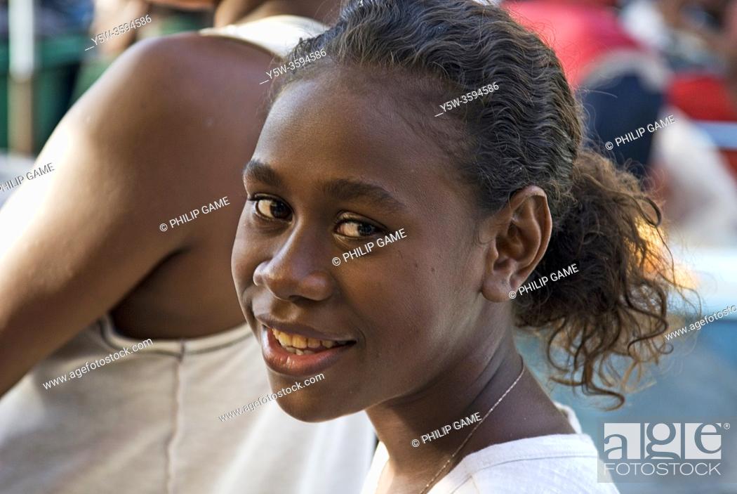 Stock Photo: Young woman shopping at the central market in Honiara, Guadalcanal, Solomon Islands.