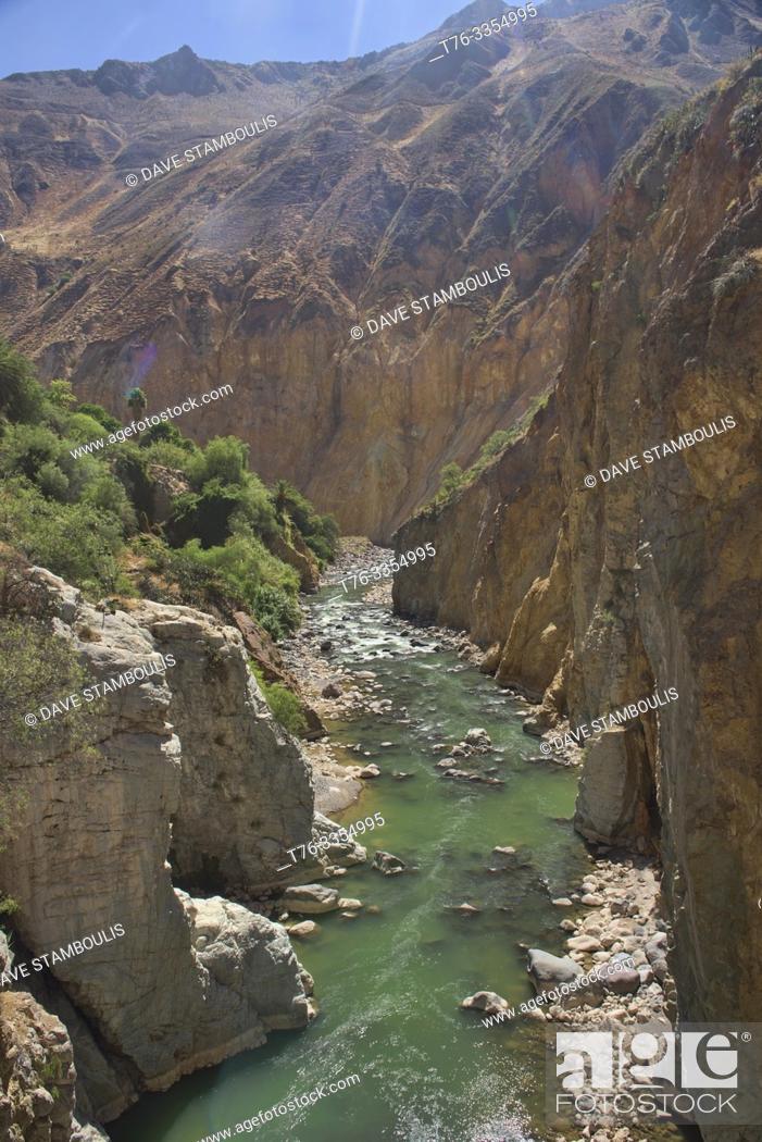 Stock Photo: The Colca River running through the immense Colca Canyon, Peru.