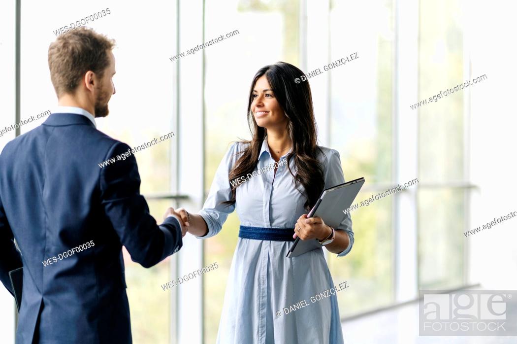 Stock Photo: Businessman and businesswoman shaking hands at the window.