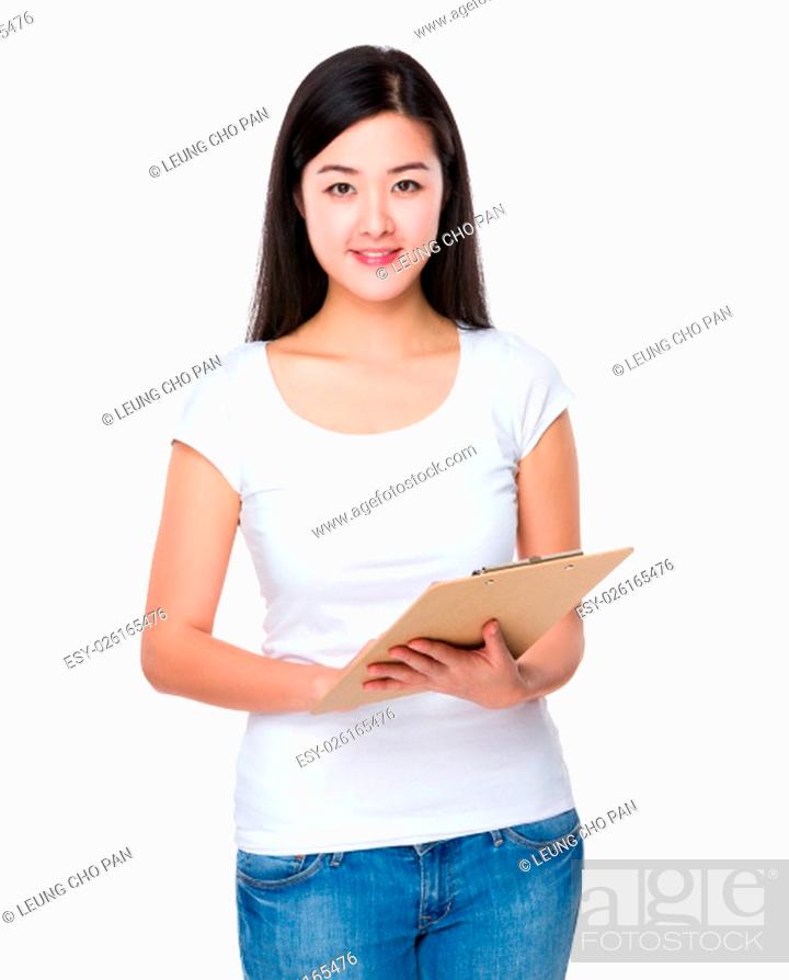 Stock Photo: Woman hold with clipboard.