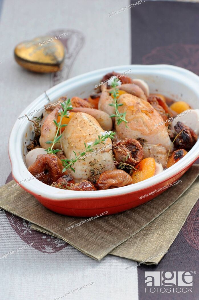 Stock Photo: Quails stuffed with dried fruits and cognac.