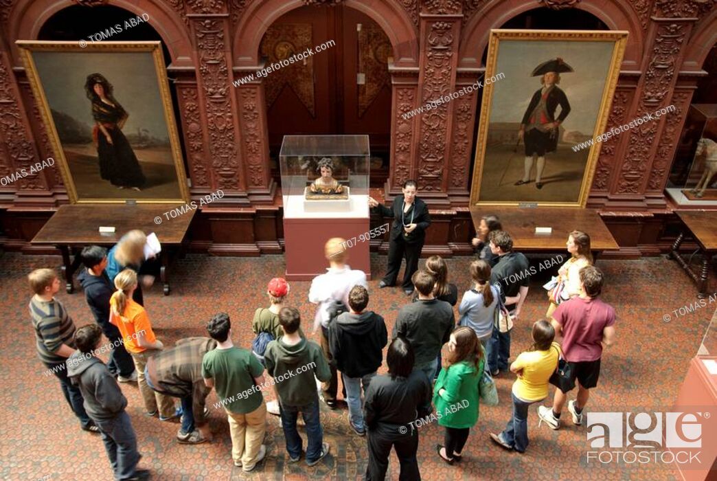 Stock Photo: Tour guide at The Hispanic Society of America Museum and Library, New York City, Duke and Duchess of Alba by GOYA.