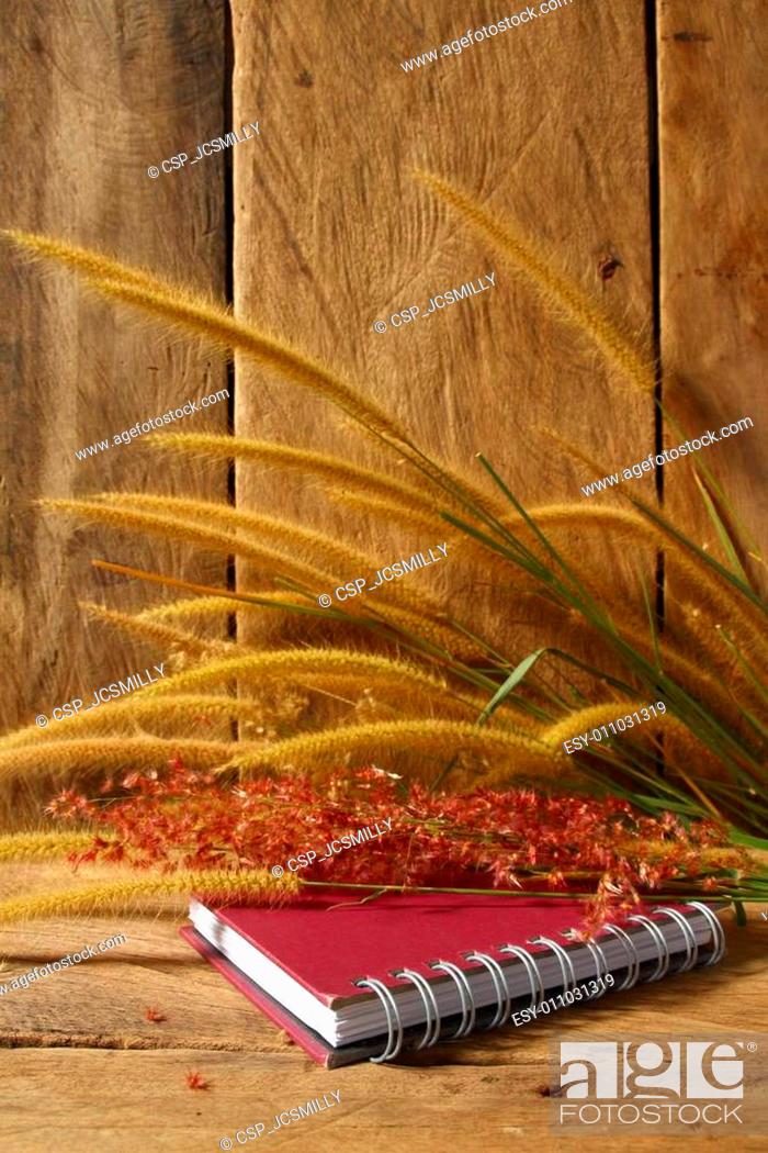 Stock Photo: Still life with Foxtail grass, and notebook on wooden background.