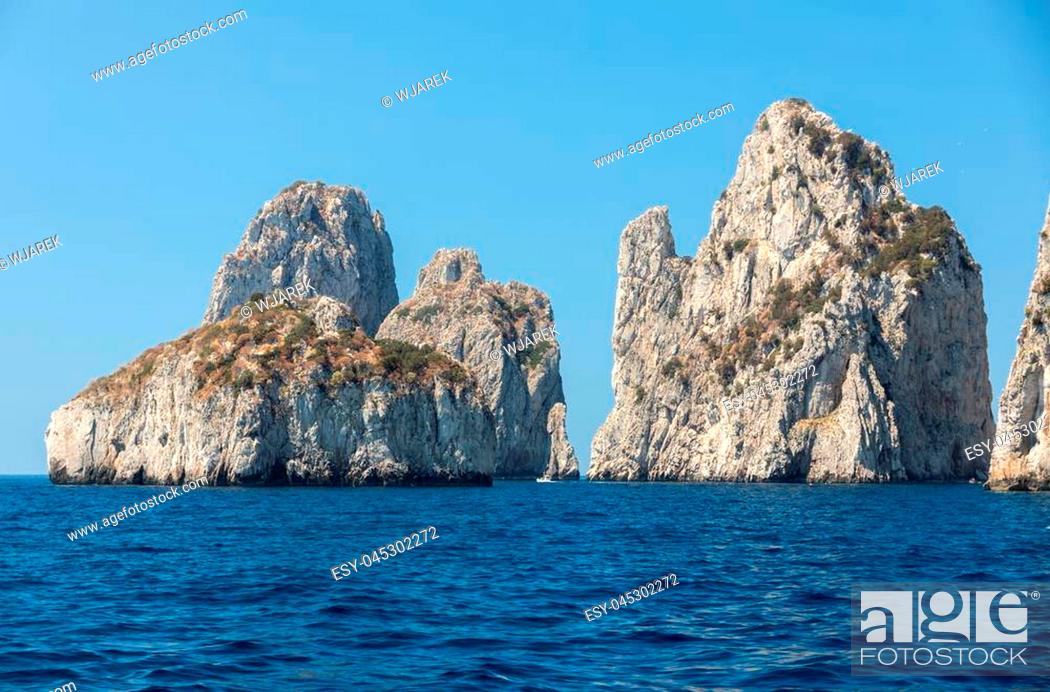 Stock Photo: View from the boat on the Faraglioni Rocks on Capri Island, Italy.
