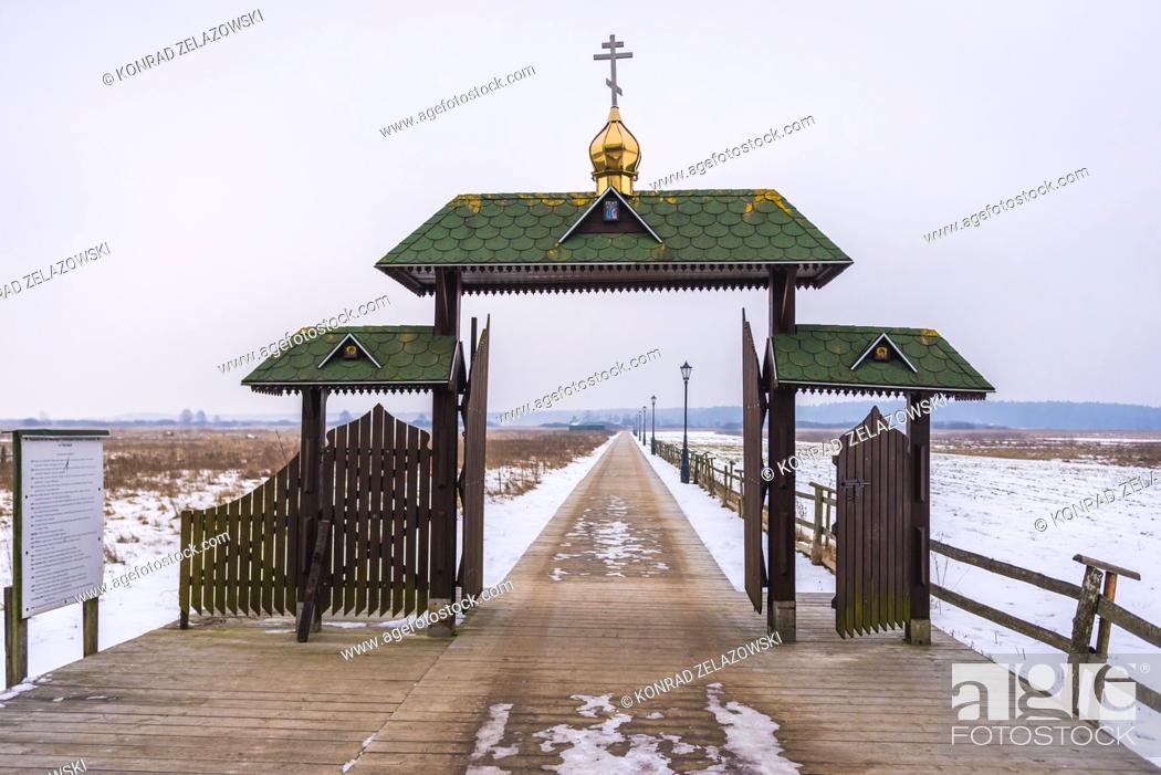 Stock Photo: Gateway of Saint Anthony and Theodosius of Kiev monastic community called skete in Ordynki village in Podlaskie Voivodeship of Poland.