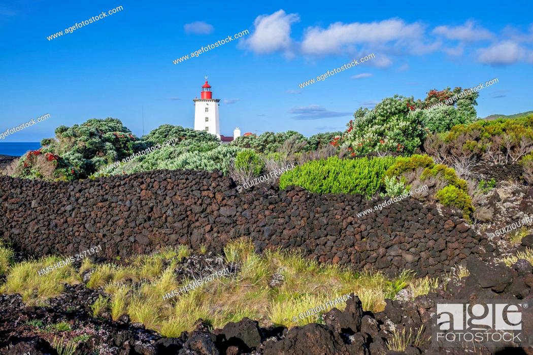 Stock Photo: Portugal, Azores archipelago, Pico island, Ponta da Ilha, coastal hiking path through lava flows, Manhenha lighthouse in the background.