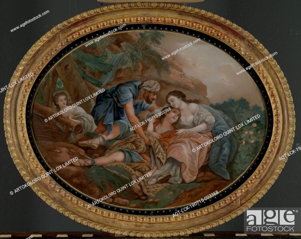 Stock Photo: Two fete galante scenes Backglass painting, Oval backglass painting with three ladies and a gentleman in a landscape that together depict a scene from the play.