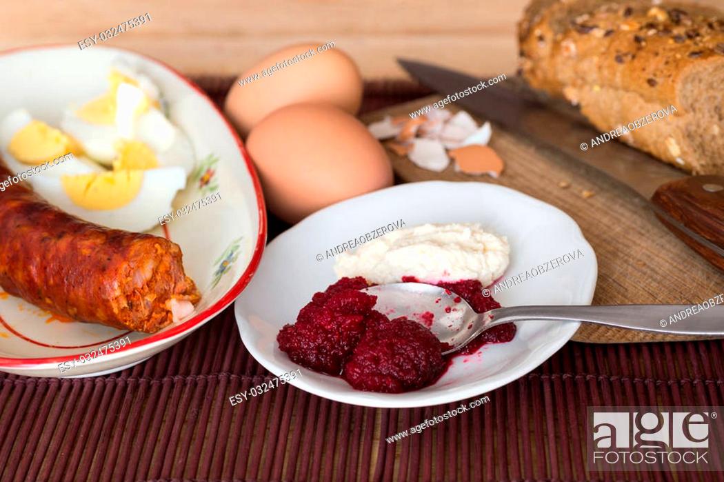 Stock Photo: Traditional easter meal in east Europe, view from above.