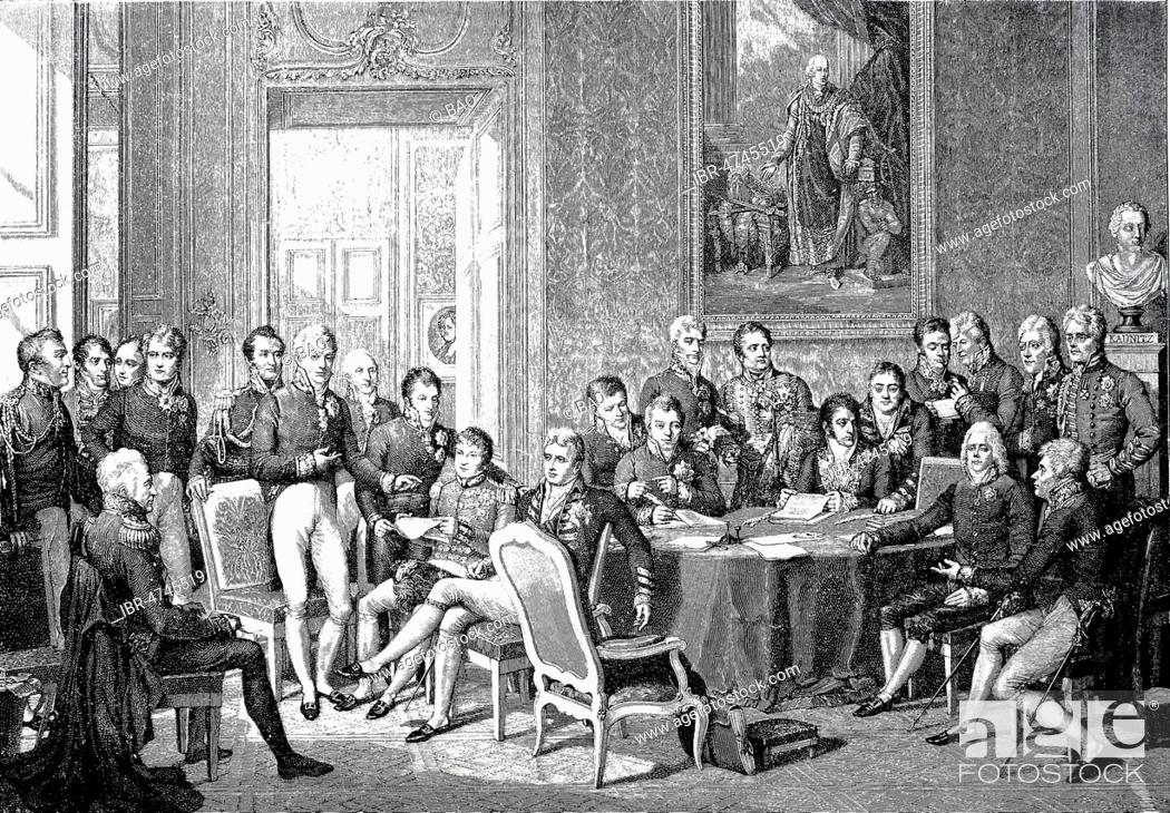 Stock Photo: The Vienna Congress, from 18 September 1814 to 9 June 1815, was attended by the plenipotentiaries of the eight powers involved in the Paris Peace, woodcut.