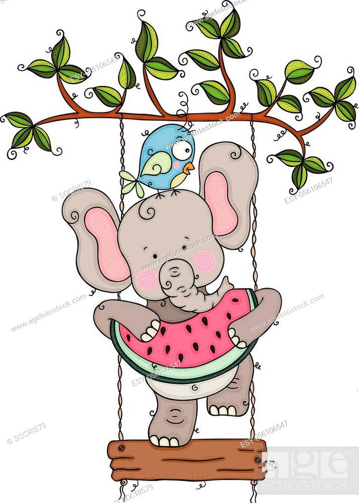 Scalable vectorial representing a cute elephant eating watermelon with bird  on tree swing, Stock Vector, Vector And Low Budget Royalty Free Image. Pic.  ESY-056106547 | agefotostock