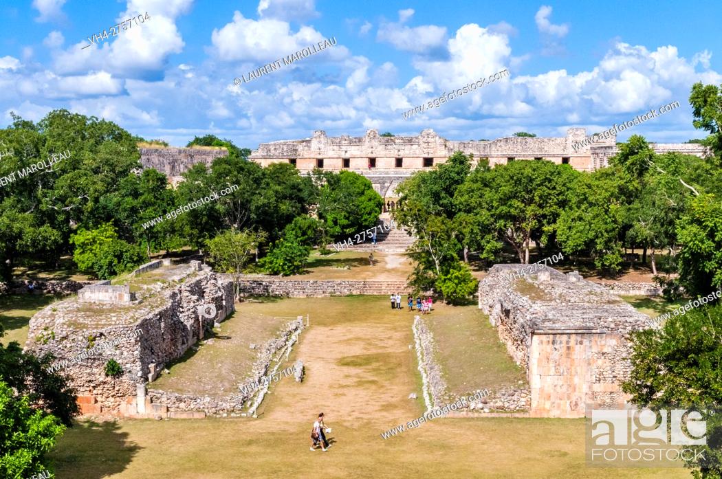 Stock Photo: Ball Court Game and Nunnery Quadrangle in the background, Uxmal Mayan Archaeological site, State of Yucatan, Mexico, North America.