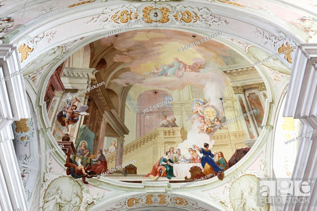 Stock Photo: Austrai, Lower Austria, Wachau, Waldviertel, View of fresco painting on ceiling of church.