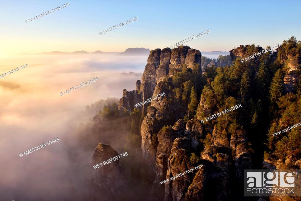 Stock Photo: Germany, Saxony, Saxon Switzerland National Park, Bastei rock formation Grosse Gans.