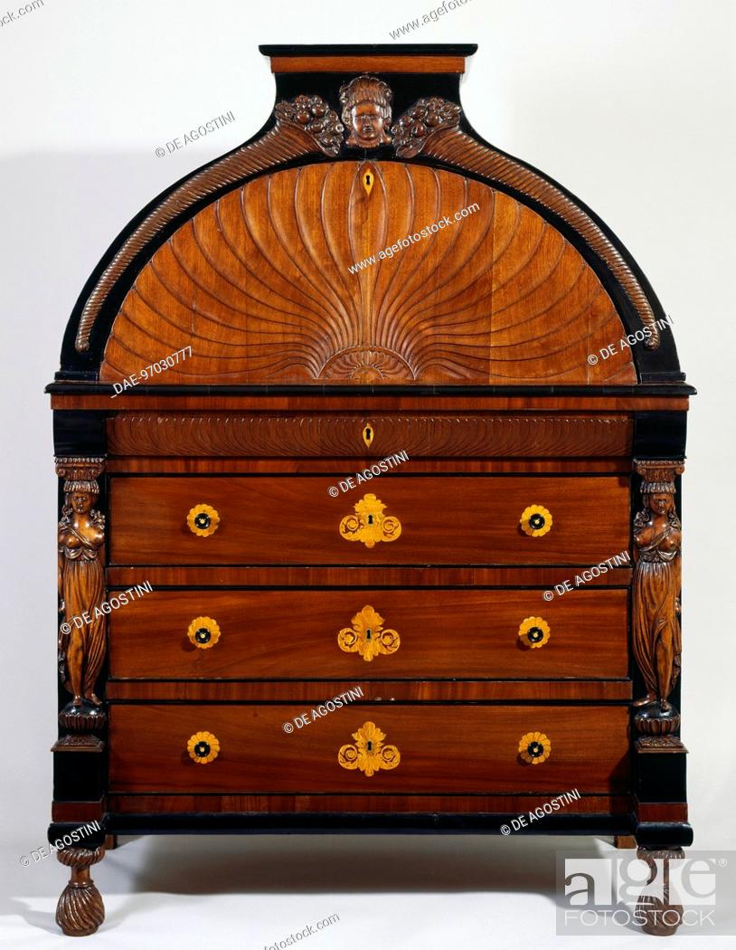 Stock Photo: Biedermeier style half-moon secretary with decorative caryatids on the side and blond wood inlays, ca 1820. Russia, 19th century.  Private Collection.