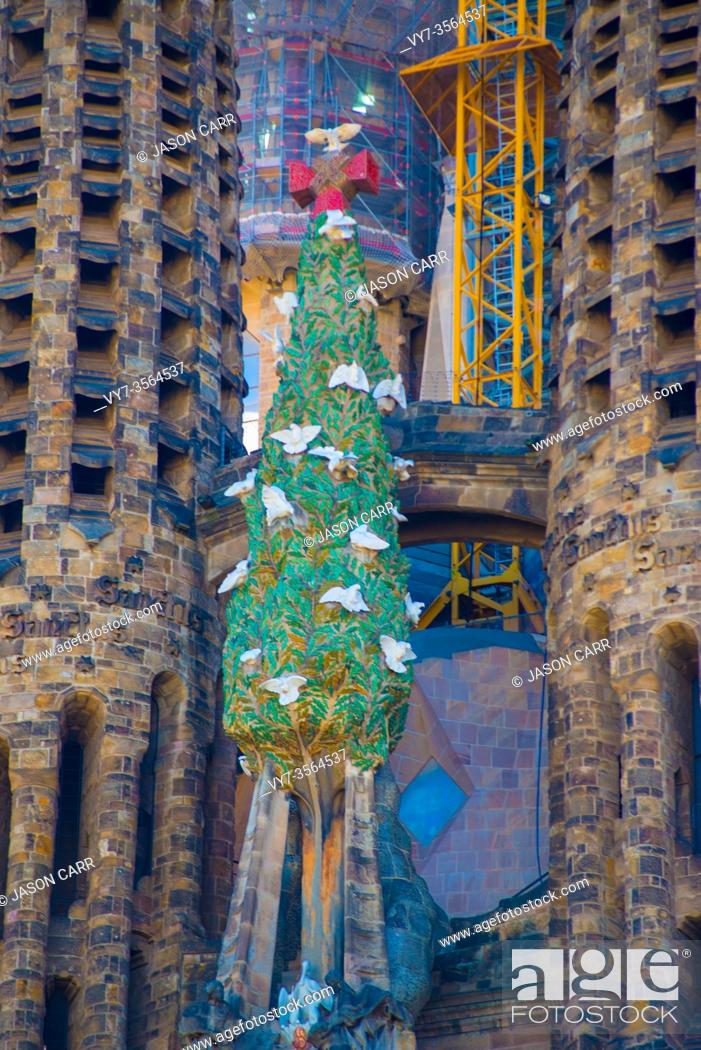 Stock Photo: BARCELONA, SPAIN - January 9, 2019: La Sagrada Familia's construction in progress. It is on the part of UNESCO World Heritage site by an artist Antoni Gaudi.