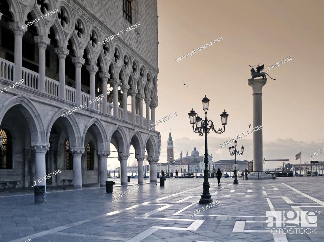 Stock Photo: St Marks Square and church San Giorgio Maggiore before sunrise, Venice, Italy.
