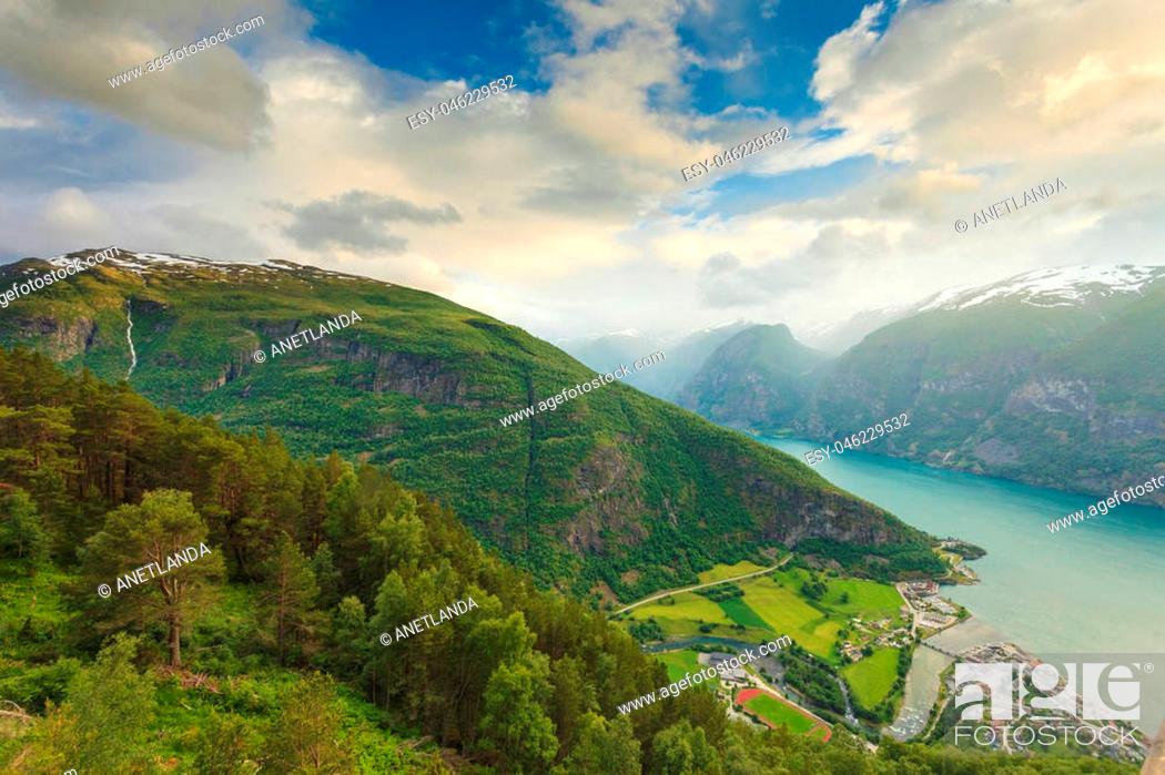 Stock Photo: Tourism and travel. Scenic nature landscape. View of the picturesque Aurland valley and fjords from Stegastein viewpoint, Norway Scandinavia.