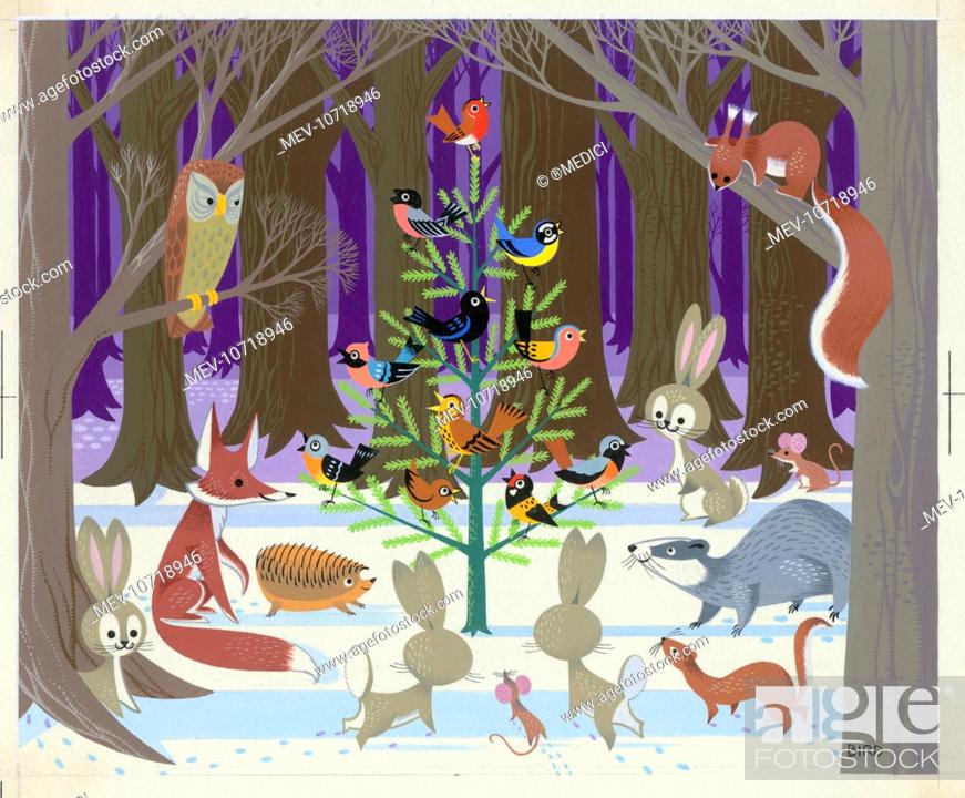 Animals in wood around a Christmas Tree with singing birds, Stock Photo,  Picture And Rights Managed Image. Pic. MEV-10718946 | agefotostock