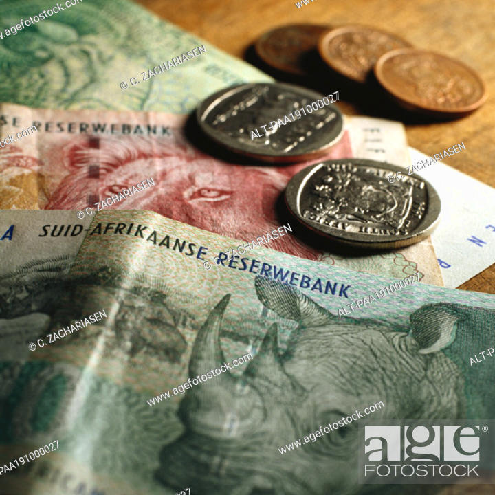 Photo de stock: South African paper money and coins.
