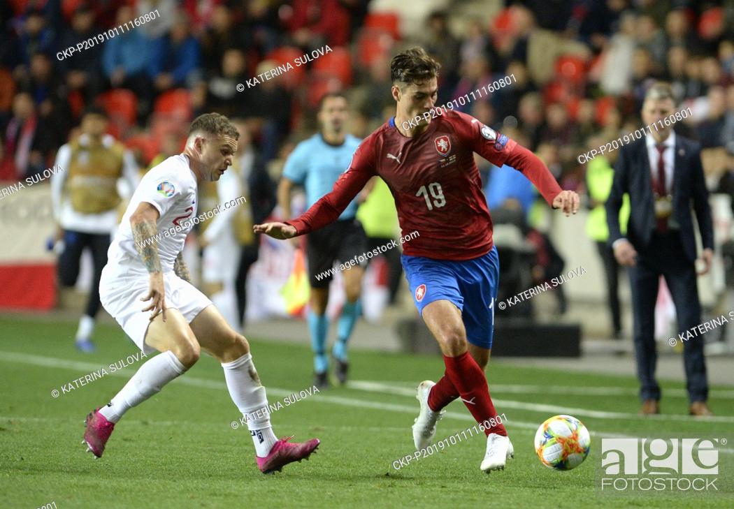 Stock Photo: Kieran Trippier of England, left, and Patrik Schick of Czech Republic in action during the Euro 2020 group A qualifying soccer match between Czech Republic and.