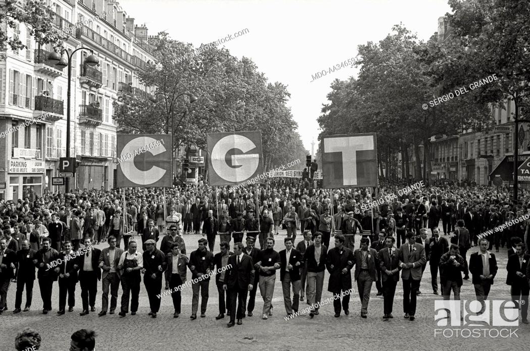 Stock Photo: The risk of a revolution in Paris has been averted. The placards with letters C, G and T of the 'Confédération Générale du Travail' (General Confederation of.