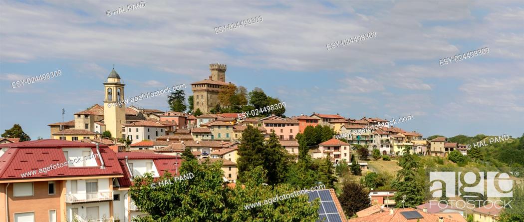 Stock Photo: village on the hilltop at Trisobbio and ancient castle , Piedmont , shot in bright late summer light.
