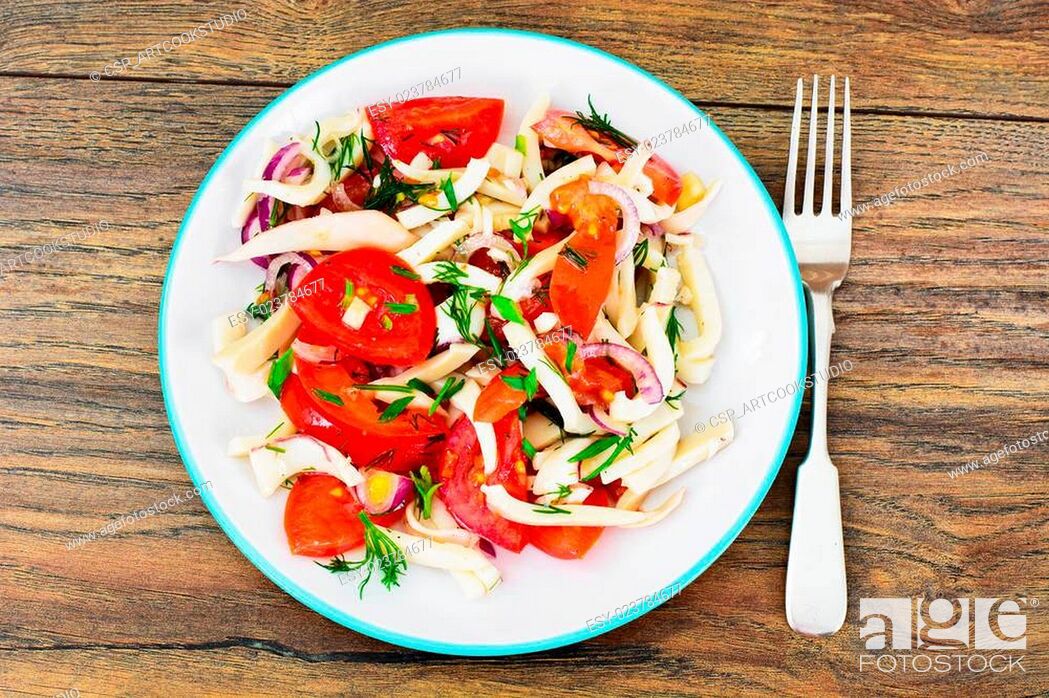 Stock Photo: Salad with Squid, Tomato, Red Onion, Vegetable Oil.