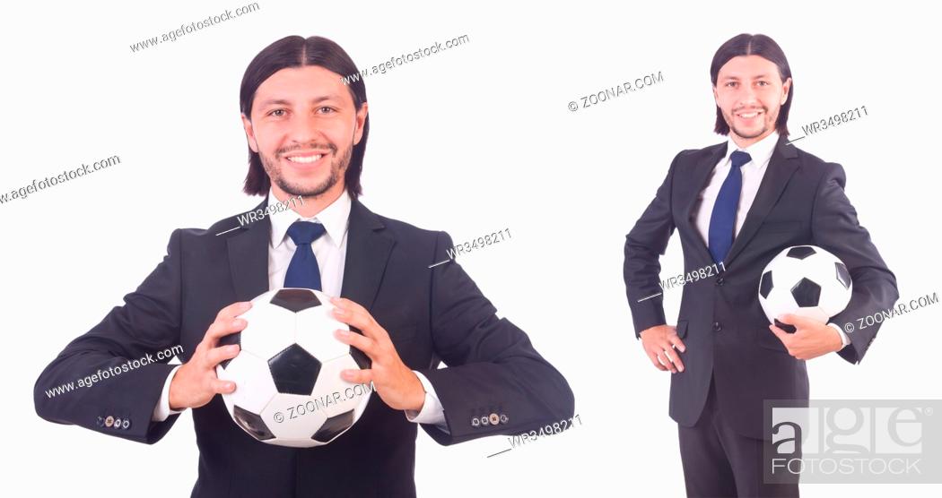 Stock Photo: Man with football isolated on white.