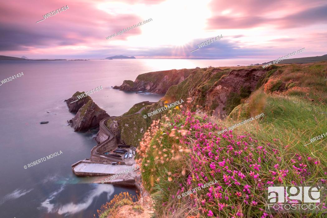 Stock Photo: Sunset on Dunquin pier (Dun Chaoin), Dingle Peninsula, County Kerry, Munster province, Republic of Ireland, Europe.