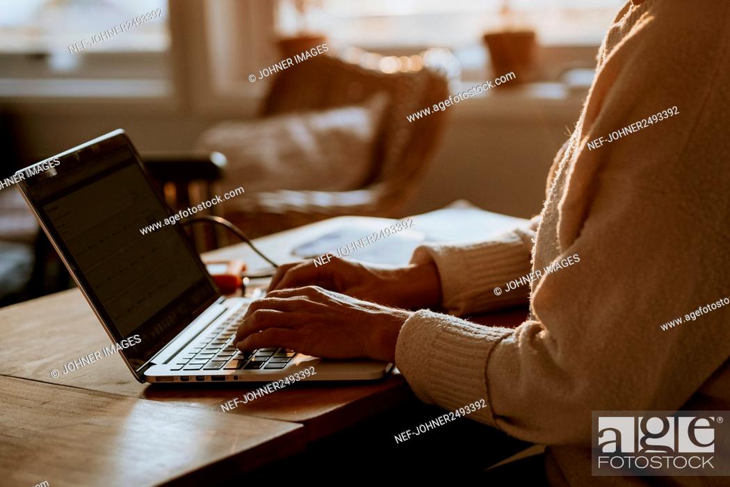 Stock Photo: Woman using laptop at home.