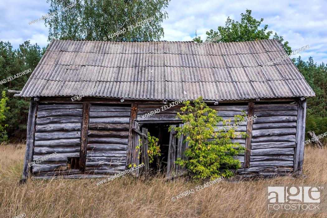 Stock Photo: Old wooden barn in Mashevo abandoned village of Chernobyl Nuclear Power Plant Zone of Alienation area around nuclear reactor disaster in Ukraine.