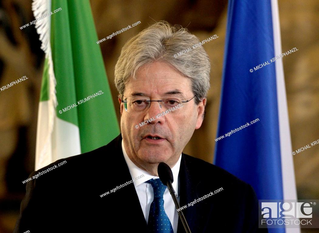 Stock Photo: Czech Foreign Minister Lubomir Zaoralek and his Italian counterpart Paolo Gentiloni, photo, attend a press conference after their meeting in Prague.