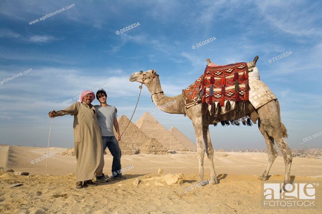 Photo de stock: Two men in the desert with a camel with the Pyramids in the background.