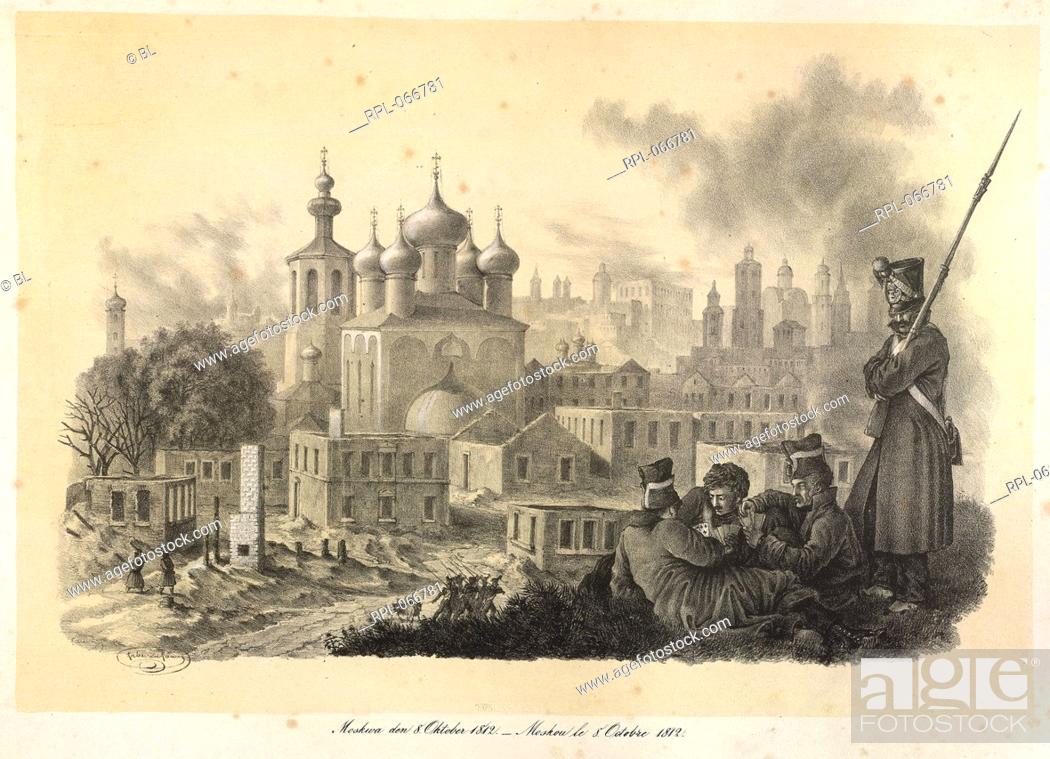 Stock Photo: Moscow in October, 1812, French soldiers of Napoleon's Grand Armee, occupying Moscow in October, after it has been set alight.