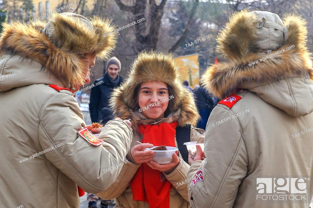 Stock Photo: RUSSIA, VOLGOGRAD - FEBRUARY 2, 2023: Members of the Young Army Military Patriotic Movement attend a historical reenactment during a celebration of the 80th.