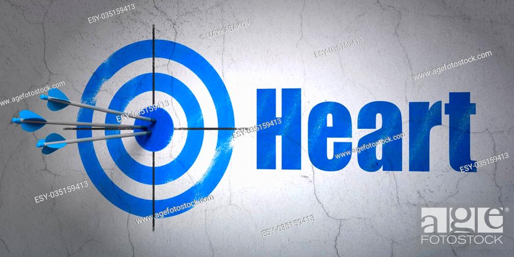 Stock Photo: Success Health concept: arrows hitting the center of target, Blue Heart on wall background.