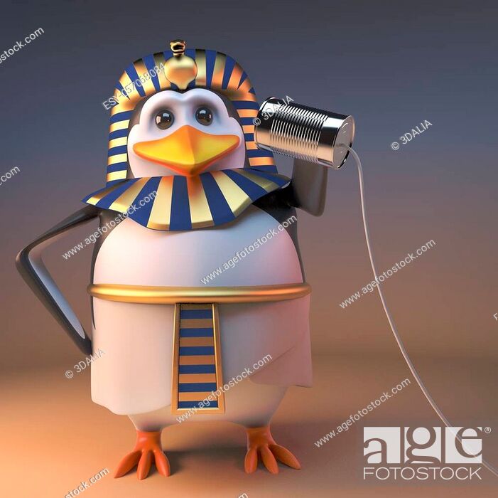 Stock Photo: Mighty penguin pharaoh Tutankhamun using an early telephone system, 3d illustration render.