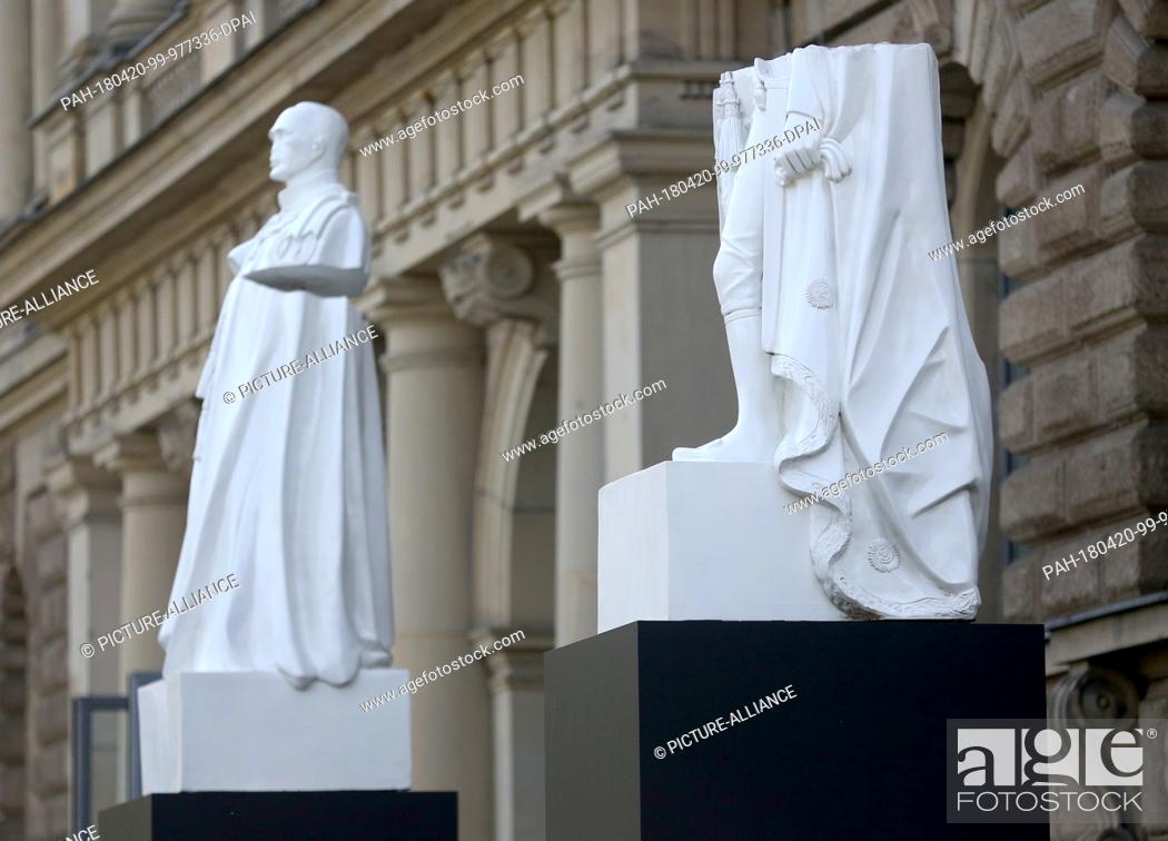 Stock Photo: 20 April 2018, Germany, Duesseldorf: Two stone sculptures titled 'On Coronation Park' by the Indian artist group Raqs Media Collective are on display at the Art.
