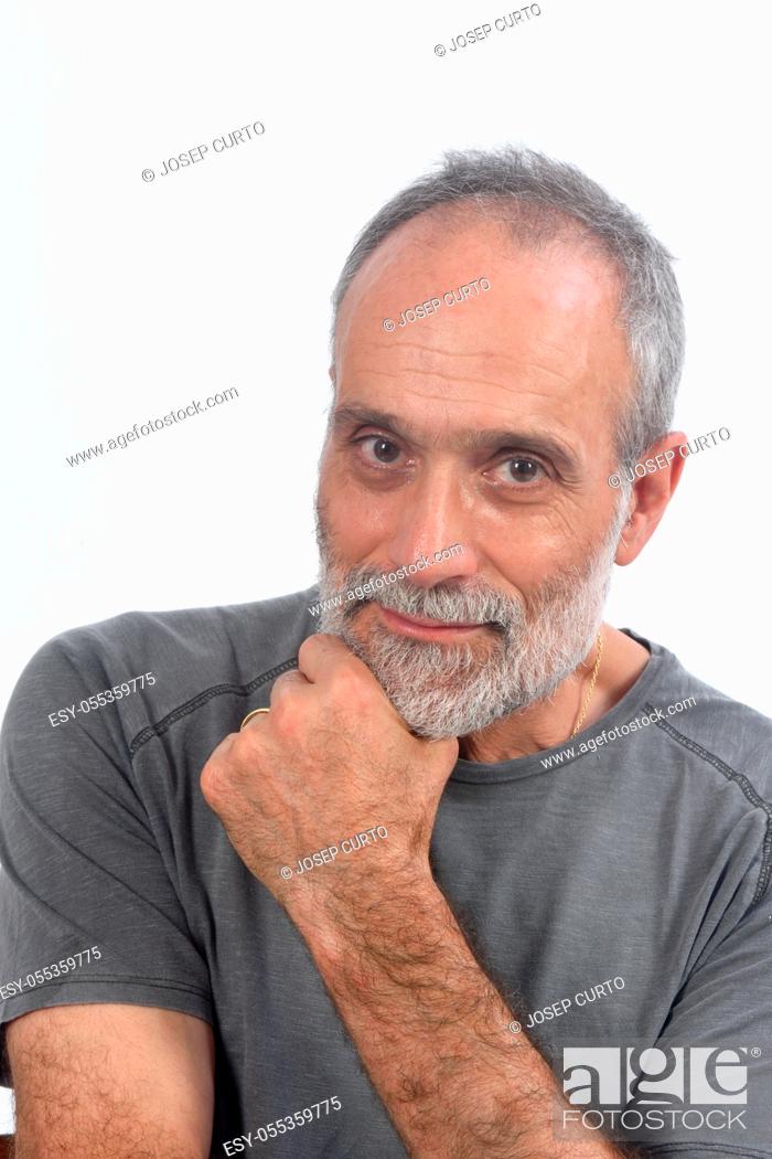 Stock Photo: portrait of middle aged man hand on face on white.