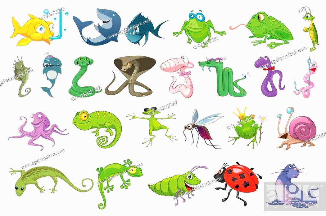 Set of funny sea creatures, creeping things, insects. Collection of cute  colourful fishes, frogs, Stock Vector, Vector And Low Budget Royalty Free  Image. Pic. ESY-046657247 | agefotostock