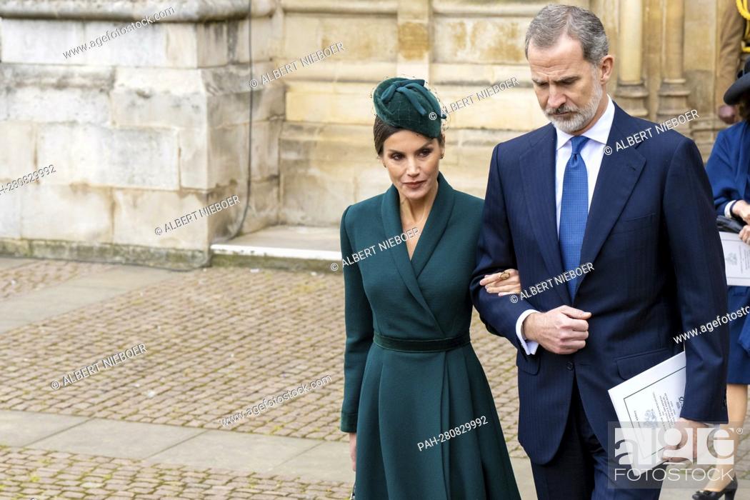 Stock Photo: King Felipe and Queen Letizia of Spain leave at the Westminster Abbey in Londen, on March 29, 2022, after attended the Service of Thanksgiving for the life of.