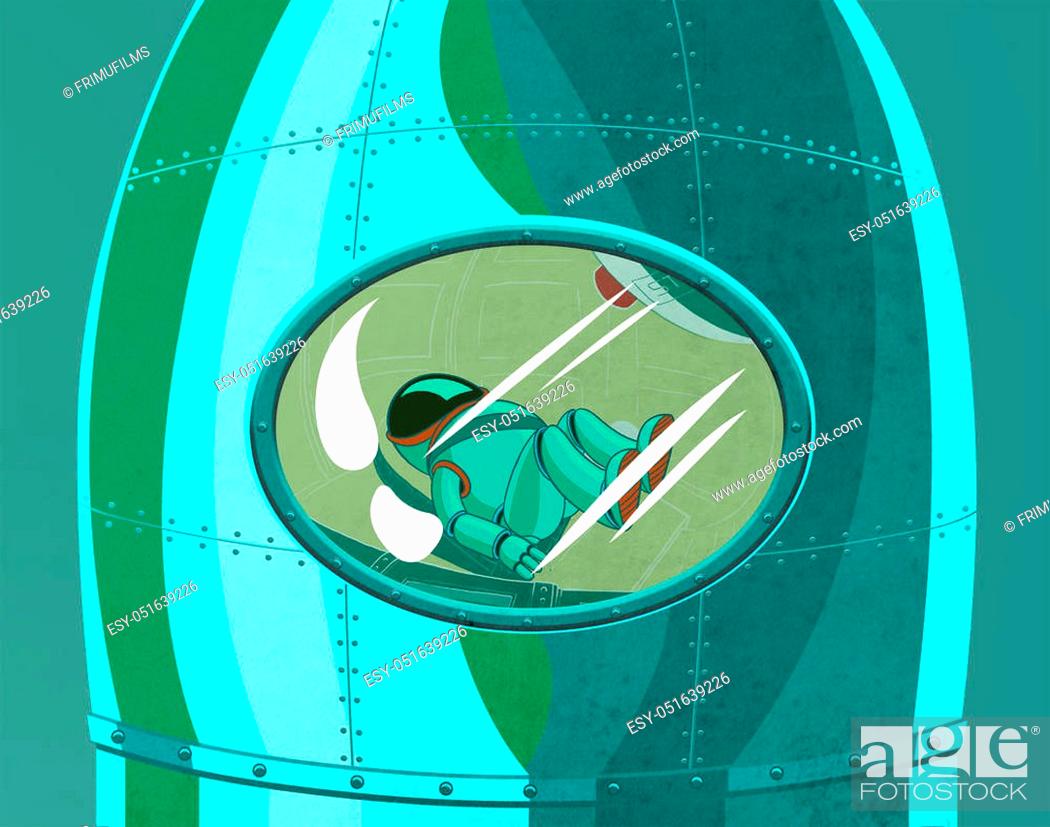 Stock Photo: Cosmonaut in the rocket cockpit close up. Space voyage to the planets. Digital background raster illustration.